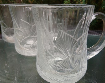 Vintage Arcoroc France Pressed Glass "Canterbury" Pattern, Floral Motif, Set Of Three Glass Coffee Or Tea Mugs, Glass Cups, 1990s Vintage