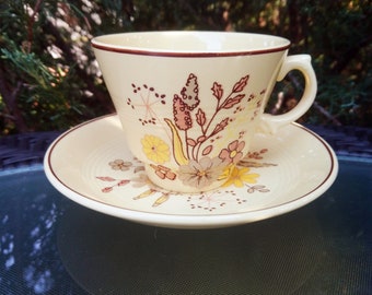 Vintage Wood's Ware Jasmine Pattern Made In England Teacup And Saucer Plate Pastel Yellow Floral Decor Brown Trim, 1940s Cup And Saucer Deco