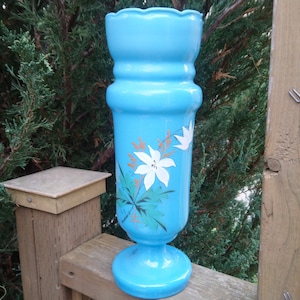 Antique Victorian Bristol Opaque Blue Glass Blown Glassware Hand Painted Floral Vase Pedestal Base Scalloped Rim Opalescent Table Vase Decor