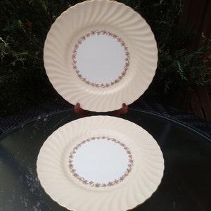 Minton &quot;Vineyard&quot; Pattern, Discontinued 1943-1960, Buff Swirl Rim, Leaves And Grapes Verge, Two Dinner Plates, Embossed Decoration Gold Trim