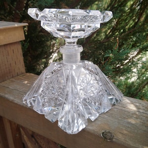Vintage Heavy Lead Crystal, High Quality, Crystal Perfume Bottle With Stopper, Square, Pressed Glass Accents On Bottle And Stopper Art Glass
