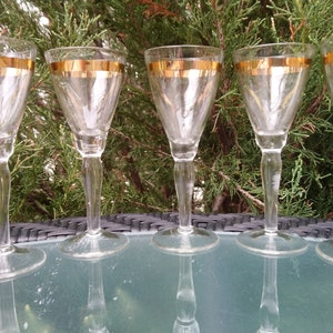 Set Of Five Vintage 1970s Liqueur Glasses, Barware Glasses, Clear Glass With Gold Band, Liquor Glasses, Aperitif Glasses, Drinking Glasses