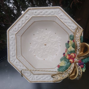 Vintage Fitz And Floyd, Snowy Woods Collection, Discontinued 1992-2000, 9&quot; Octagonal Open Vegetable Bowl, Fruit, Foliage, Ribbon Decor