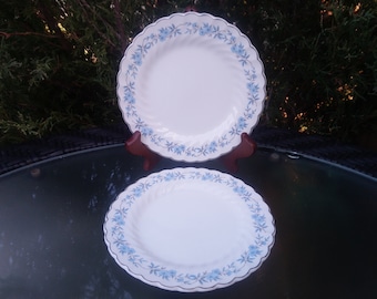 Johnson Brothers "Snowhite Regency" Pattern, Ironstone, Set Of Two Bread Or Dessert Plates, Swirl Edge, Blue Wreath, Platinum Trim, Plates