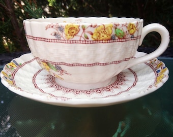Copeland Spode &quot;Buttercup&quot; Pattern, Discontinued 1924-1992, One Tea Cup And Saucer Plate Earthenware, Yellow Flowers, Green Leaves, Blue Dec