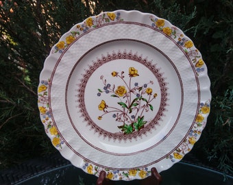 Copeland Spode &quot;Buttercup&quot; Pattern, Discontinued 1924-1992, One Dinner Plate, Earthenware, Yellow Flowers, Brown Decor, Green Leaves, Blue