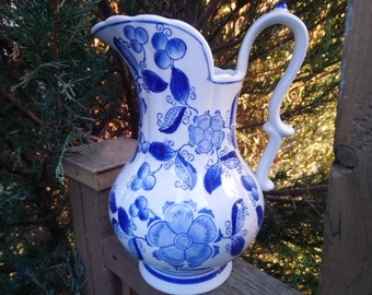 Vintage Blue And White Floral Water Pitcher, Ceramic Jug, Scalloped Edge, Tableware,
