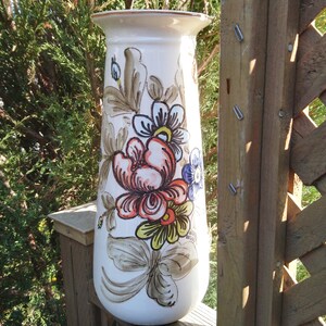 Vintage Dante Riccard Large Ceramic Hand Painted Signed Vase, 15.5" Tall, Multi Colored Flowers, Taupe Leaves On Cream, Brown Ring On Rim