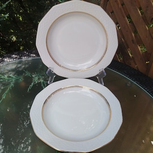 Winterling, Bavaria Roslau, West Germany, Porcelain Soup Bowls, White, Gold Filigree And Trim, Vintage, Set Of Two White Soup Bowls, Bowls