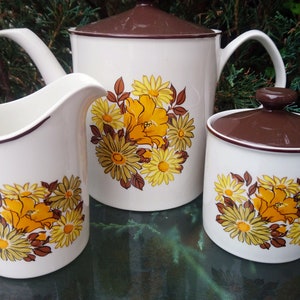 Vintage Johnson Brothers Tea Or Coffee Pot, Sugar Bowl, Creamer, Yellow, Orange, Olive Flowers, Brown Leaves, Brown Trim, Coffee Or Tea Set