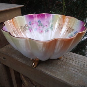 Porcelain Hand Painted Scalloped Lusterware Three Footed Bowl Marked 45, Floral Pink Flowers, Green Leaves, Gold Trim And Decoration, Art