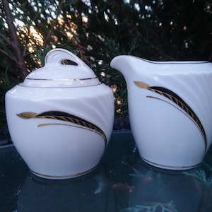 Winterling Bavaria Germany Roslau Cream And Sugar Bowl, Black, Gold Decoration On White Porcelain, Gold Trim, Tea Or Coffee Service, White