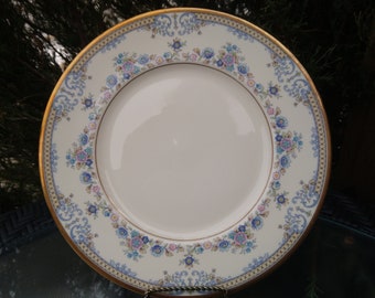 Minton Avonlea Pattern, Discontinued 1976-1989, One Dinner Plate, Pastel Flowers, Blue Scrolls, Gold Trim, Bone China, Made In England