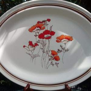 Lambethware Royal Doulton vintage, motivo "Fieldflower", grande piatto o piatto da portata, decorazioni floreali rosse e arancioni, finiture marroni su bianco