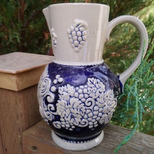 Vintage German Pottery Wine Jug, German Collectible Stein &quot;The Wine From A Jug Of Stone Tastes Fine&quot; Pitcher, Collectible Barware Wine Ewer