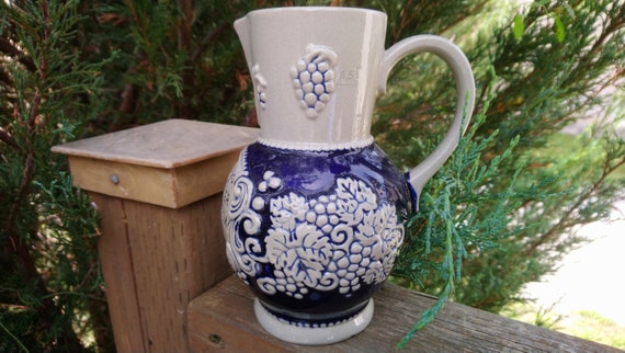 Vintage German Pottery Wine Jug, German Collectible Stein "The Wine From A Jug Of Stone Tastes Fine" Pitcher, Collectible Barware Wine Ewer