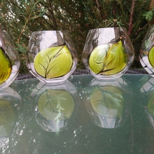 Set Of Four Vintage Hand Painted Stemless Roly Poly Wine, Water, Or Rocks Glasses, Cocktail Glasses, Green, Copper, White, Black Glassware