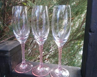 Crystal Glass Champagne Flutes, Pink Stem, Clear Bowl, Set Of Three, 6 Ounces