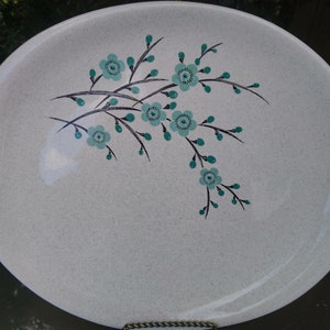 May include: A white ceramic oval platter with a green and brown floral design. The design features a branch with green leaves and blue flowers.