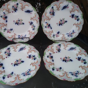 Antique Minton And Hollins, 1845-1868 Mark, Set Of Four 9&quot; Plates, Scalloped Edge, Floral, Gold Trim, Multi Colored, H&M Number 5893