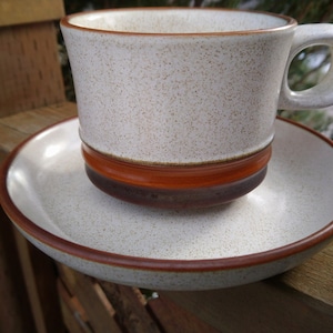 Vintage Denby Potter&#39;s Wheel, Discontinued 1974-1981, One Cup And Saucer, Speckled Stoneware, Brown Trim Decoration