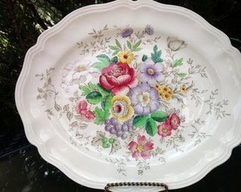 Royal Doulton "Malvern" Pattern Discontinued 1939-1961 Vintage Serving Platter, Floral Center, Scalloped Edge, D6197, Multi Colored Deco