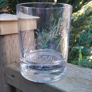 Bacardi Rum Collectible Drinking Glass Tumbler, Barware Glass, Vintage Barware, Rocks Glass Bat Etched On Bottom Of Glass Bat Glass, Barware
