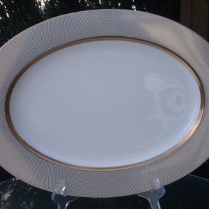 Mikasa, Confetti Gold, Bone China, Oval Serving Platter, Gold Dotted Rim On Beige Background, Gold Trim, Thick Gold Verge, White Center Deco