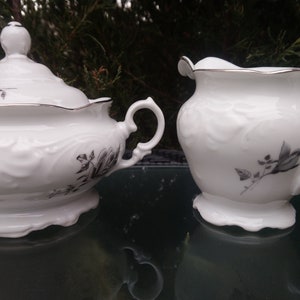 Vintage Wawel Cream And Sugar Bowl, Gray/Taupe Flowers, White Background, Platinum Trim, Tea Or Coffee Service, Bowl, Lid, Cream Pitcher