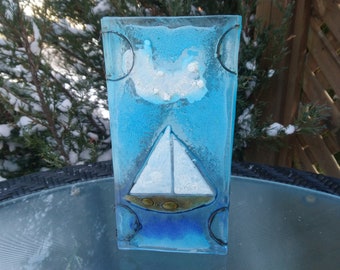 Art Glass Candle Holder, Table Decor, Sailing Motif, Hand Painted Glass, Cabinet Decor, Artwork Glass, Blue Glass, Room Decor, Collectible