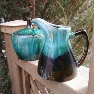 Blue Mountain Pottery, Vintage Sugar Bowl And Creamer Set, Drip Glaze Canadian Pottery, Green And Black, Brown, 1960s Collectibles Decor