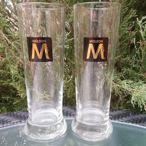Set Of Two Molson Beer Glasses, Barware Glasses, Pilsner Glasses, Black, Gold Labelling, Pint Glasses, Collectible Barware Glasses, Pils