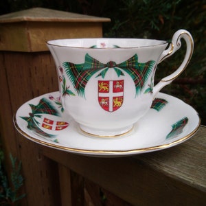 Ridgway Potteries Ltd., Royal Adderley, Discontinued 1962-1964, Newfoundland Tartan Pattern, Green, Red Tartan, Flowers, Crest, Teacup
