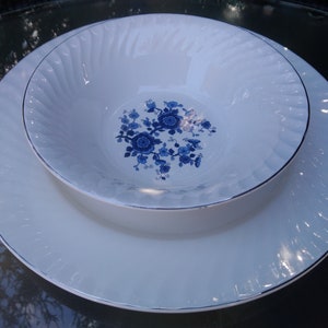 Enoch Wedgwood Tunstall England LTD Royal Blue Ironstone One Dinner Plate, One Bowl, Blue Floral Center, Swirl Rim Platinum Trim 1960s Decor