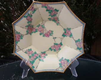 Art Deco Limoges France Andre Francois Marked 1927 Floral Irregular Shaped Bowl, Pink Flowers, Green Leaves, Black Lines Gold Trim Porcelain