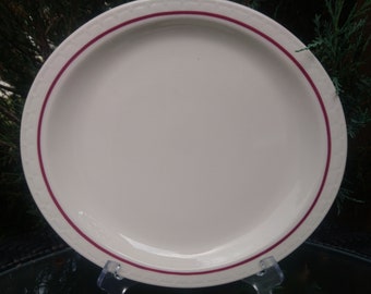 Syracuse China Vintage Restaurant Ware, Cardinal Lines, Rode Band, Serveerschaal, Vervaardigd februari 1985, VS, Keramische Schotel