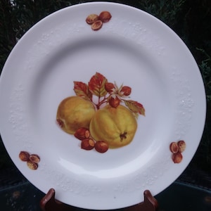 May include: White ceramic plate with a decorative border and a painted design of two yellow apples with red leaves and brown nuts.