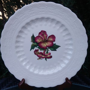 May include: White ceramic plate with a raised rim and a floral design. The design features a pink hibiscus flower with green leaves.