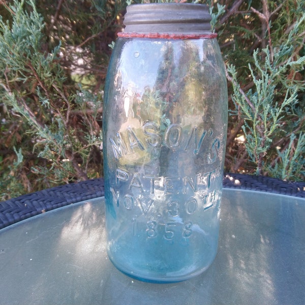 Antique Mason's Jar, Patent Nov 30TH 1858, Zinc Lid, Unopened, Collectible Glass Jar, Blue Green Glass, Antique Canning Jar, Antique Glass