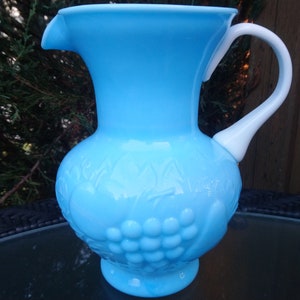 Opaque Blue Glass Pitcher, Imported From Italy By United China And Glass Company Of Norleans, Vintage 1970s