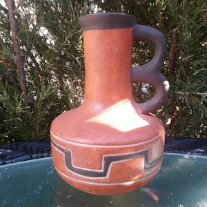 Vintage Clay Pottery Pitcher Or Pottery Vase Signed By Leopoldo Of Mexico, Brown, Water Jug, Wine Pitcher, Table Vase, Collectible Art, Deco