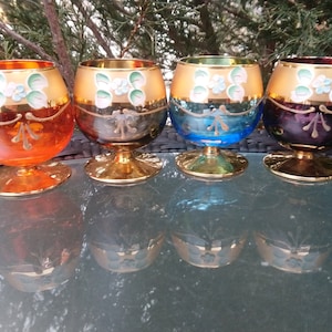 Vintage Murano Tre Fuochi, Set Of Four Snifter Glasses, Made In Italy, Embossed Floral Enamel Decor, Gold Decoration, Trim Barware Glasses