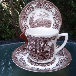 J&G Meakin Romantic Brown Pattern Cup And Saucer With Dessert Plate, Brown Scenery On White Background Transferware Tea Mug Or Coffee Mug