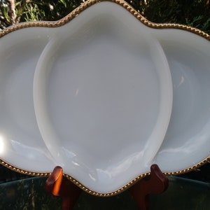 Anchor Hocking Vintage Fire King Milk Glass Divided Serving Dish, Relish Tray, 1950s White Platter With Gold Trim, Made In USA, Serving Tray