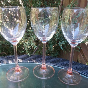 Set Of Three Stemmed Wine Glasses From France, Wine Goblets Or Drinking Glasses, Barware Glasses, Pink Barware, French Barware Glasses