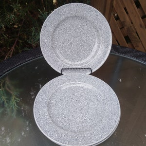 Mikasa, Ultrastone, Gray, Set mit drei Salattellern, Beilagentellern, eingestellt 1986-1997, schwarze und weiße Flecken, 8,25 &quot;Durchmesser