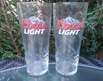 PAIR COORS LIGHT PINT GLASSES 450 GM NEW UNUSED FROM BOX 100% GENUINE 21 CM HIGH