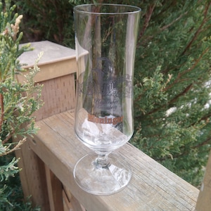 May include: A clear glass beer stein with a gold rim and a black and white design on the side. The design features a building and the text "Wiener Schnitzel".