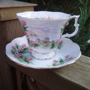 Royal Albert Ancestral Series Bone China &quot;Road To The Isles&quot; Discontinued 1960s-1970s, Footed Teacup And Saucer, Scalloped Edge Gold Trim
