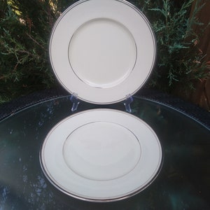 Minton &quot;Brautschleier&quot; Muster, 1972-1995 eingestellt, Set von zwei großen Tellern, weiße Blumen auf Creme, Platinum-Ordnung und Band-Vintage-Teller
